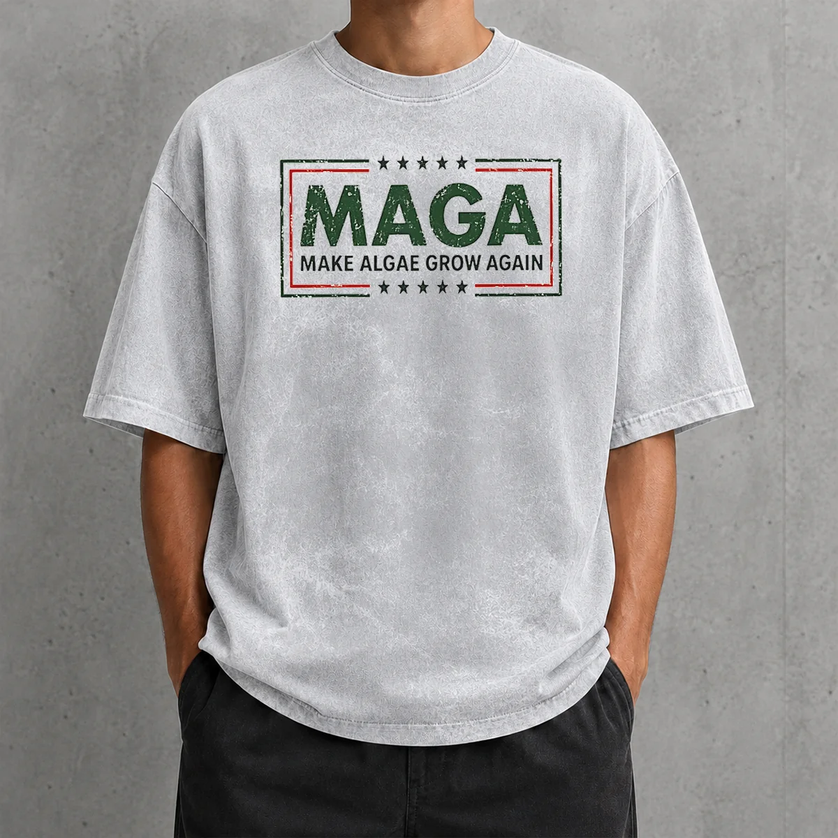 Pretty MAGA Make Algae Grow Again Political Parody Meme Team Algae 2026 Washed T Shirt in light faded color with printed slogan