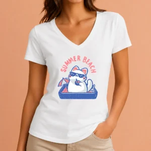 Pretty Summer Beach Cat V-Neck Shirt