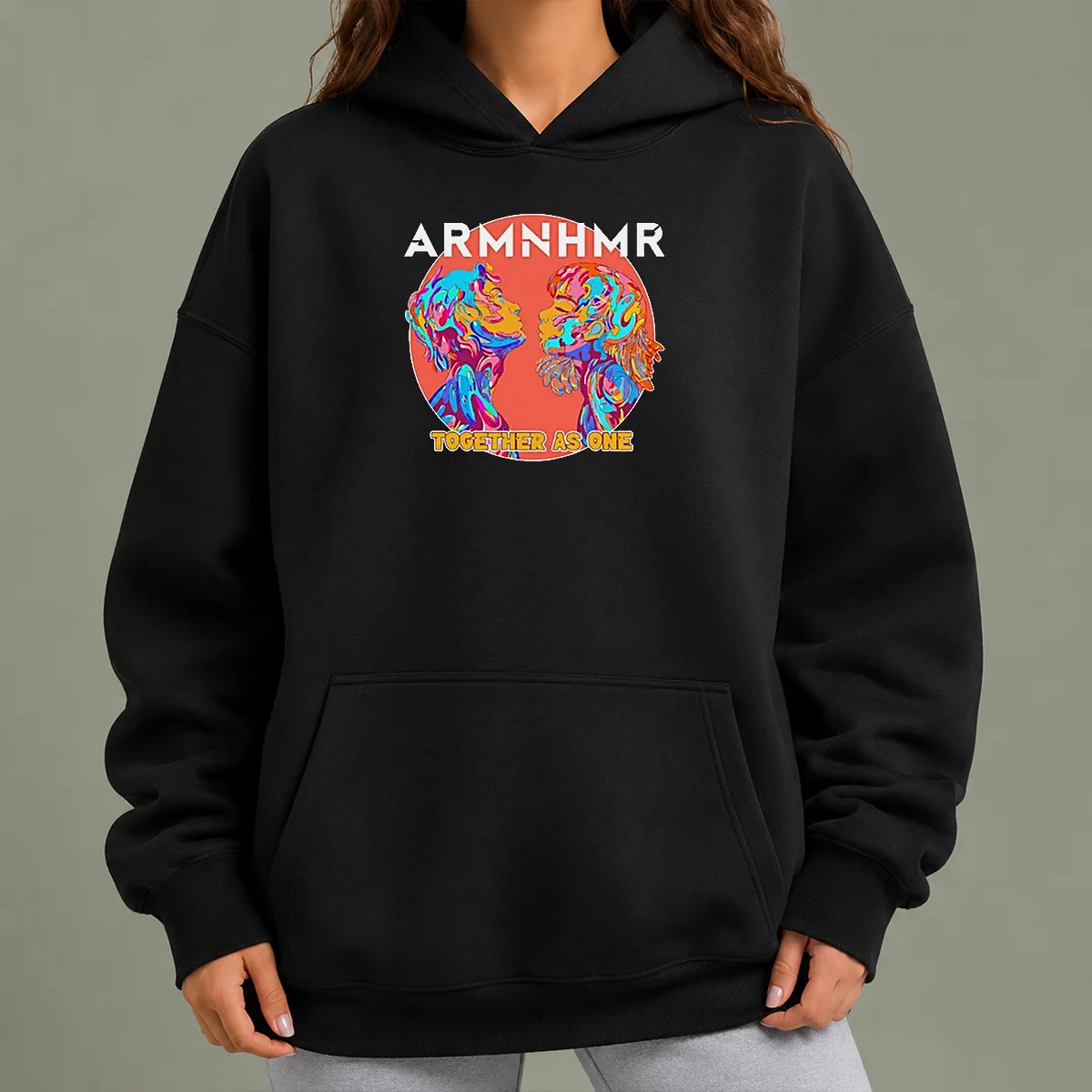 Pretty Together As One Electronic Music Hoodie in black with front graphic print and adjustable drawstring hood
