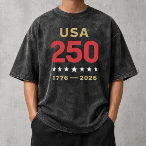 Pretty USA 250 1776 2026 Patriotic American Independence Anniversary washed t shirt in faded blue with vintage style print