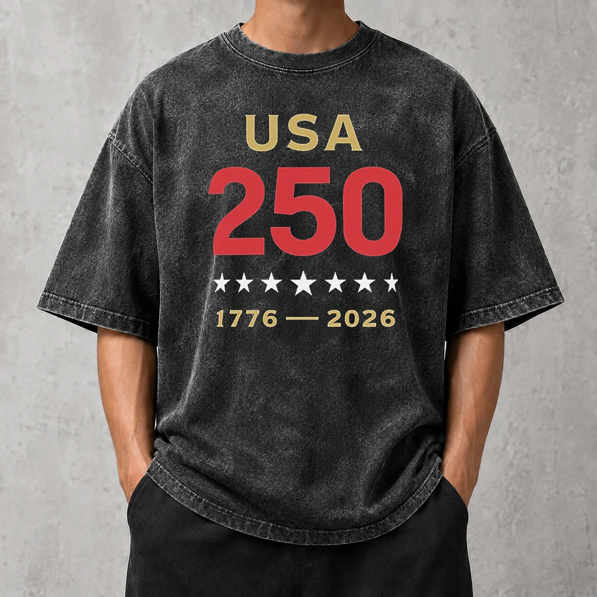 Pretty USA 250 1776 2026 Patriotic American Independence Anniversary washed t shirt in faded blue with vintage style print