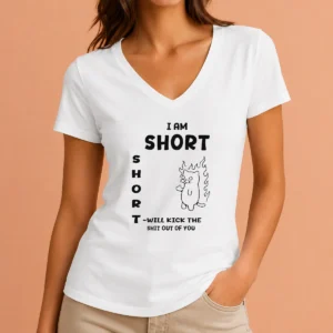 Top I Am Short Short Will Kick The Shit Out Of You Cat Flames Funny Sarcasm V Neck Shirt in black with bold colorful flame graphic