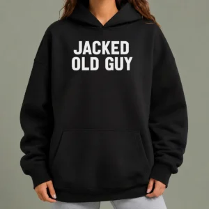 Awesome Jacked Old Guy Hoodie in dark gray, front view with kangaroo pocket and drawstring hood