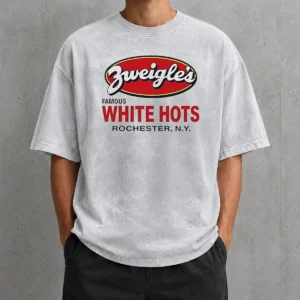 Awesome Zweigle'S Famous White Hots Rochester NY printed on a soft washed t shirt in white color