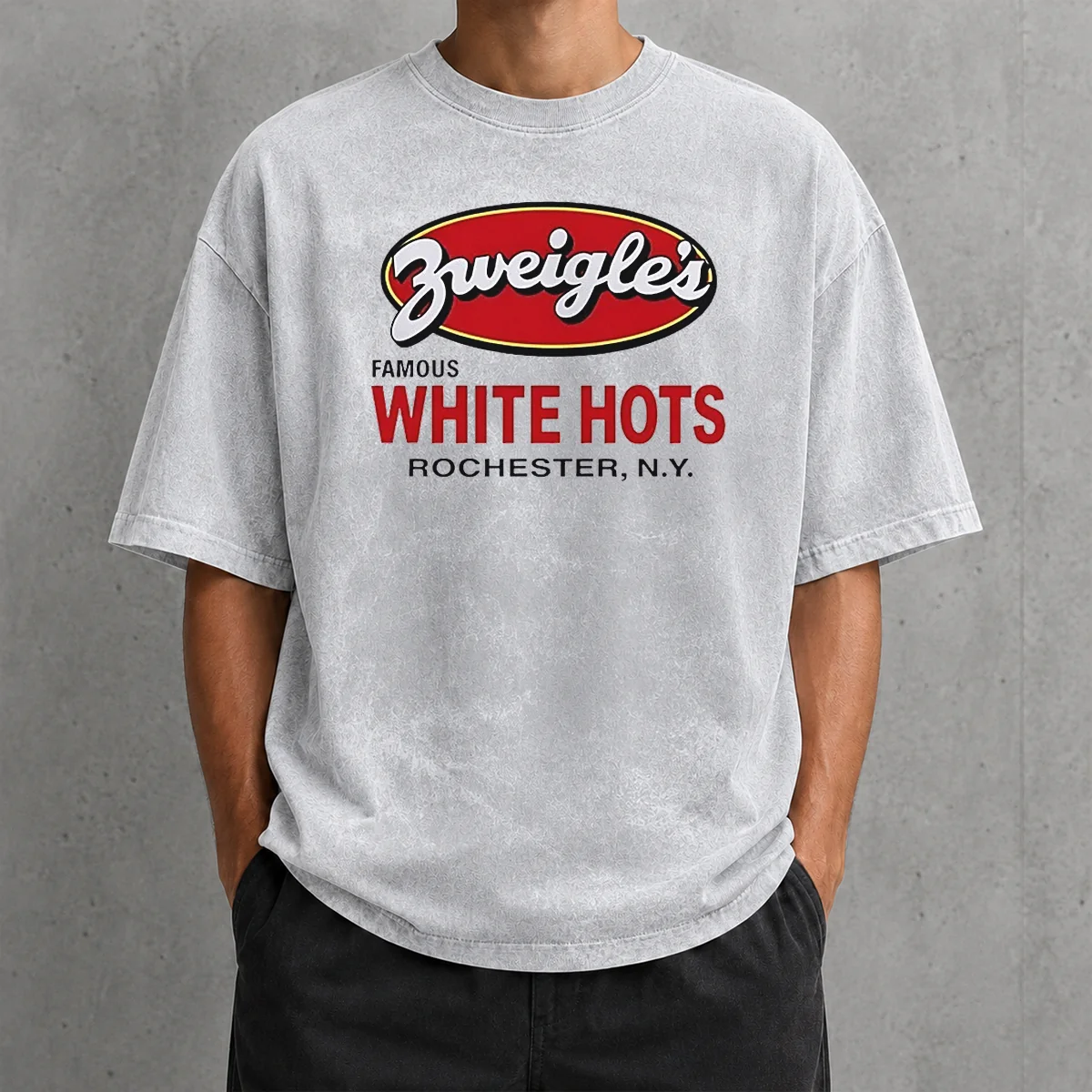 Awesome Zweigle'S Famous White Hots Rochester NY printed on a soft washed t shirt in white color