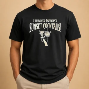 Funny I Survived Patricias Sunset Cocktails t shirt in classic fit with bold text design on front