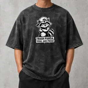 Funny Jimothy Viral Raccoon Trash Panda Stencil printed on a soft washed t shirt in light grey