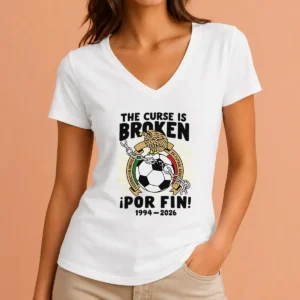 Funny Mexico National Football Team 1994 2026 The Curse Is Broken Por Fin V Neck Shirt in dark color with bold text design