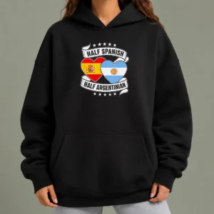 Funny Premium Half Spanish Half Argentinian Heart Flag Hoodie with front pocket and drawstring hood in black