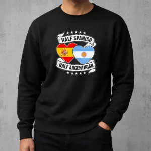 Funny Premium Half Spanish Half Argentinian Heart Flag Sweater in a cozy pullover style with vibrant heart-shaped flag design