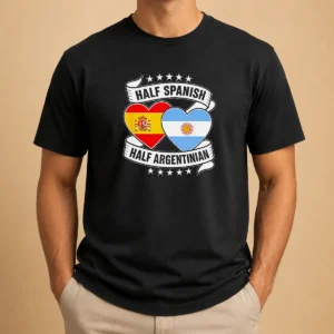 Funny Premium Half Spanish Half Argentinian Heart Flag t shirt in classic fit, front view
