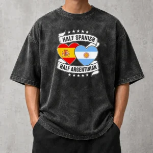 Funny Premium Half Spanish Half Argentinian Heart Flag design on a soft washed t shirt in white