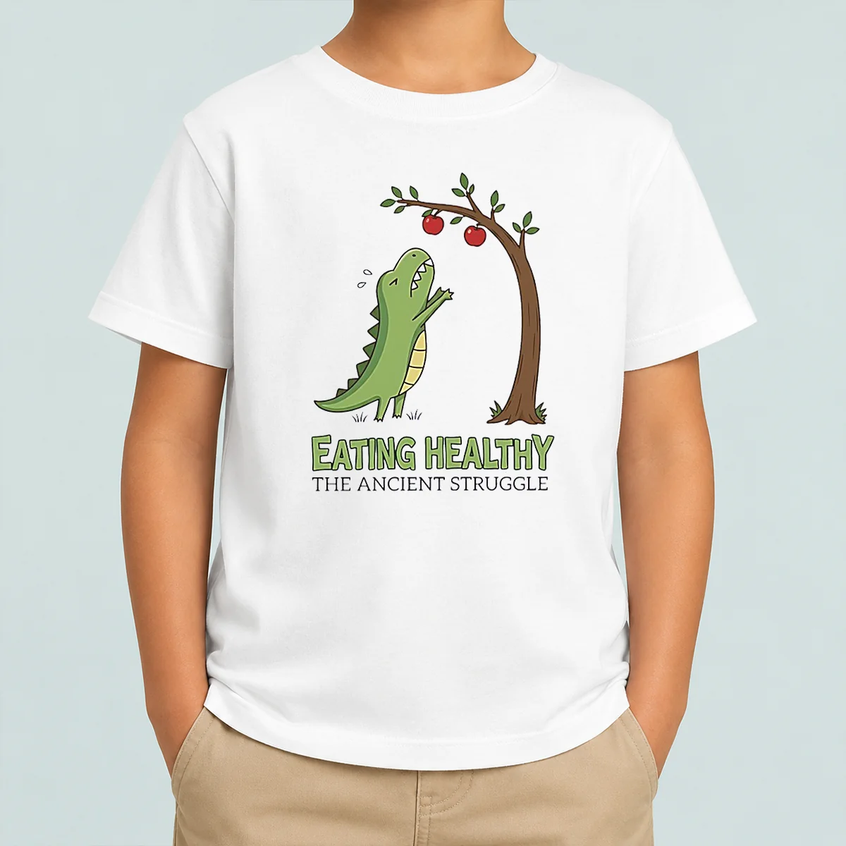 Funny T Rex Eating Healthy The Ancient Struggle Kids T-Shirt