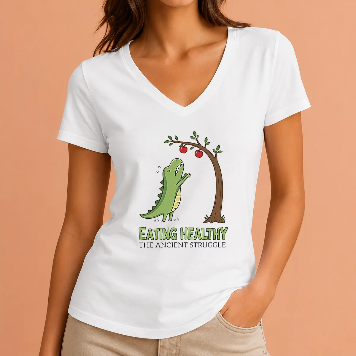 Funny T Rex Eating Healthy The V-Neck Shirt Funny T Rex Eating Healthy The V-Neck Shirt