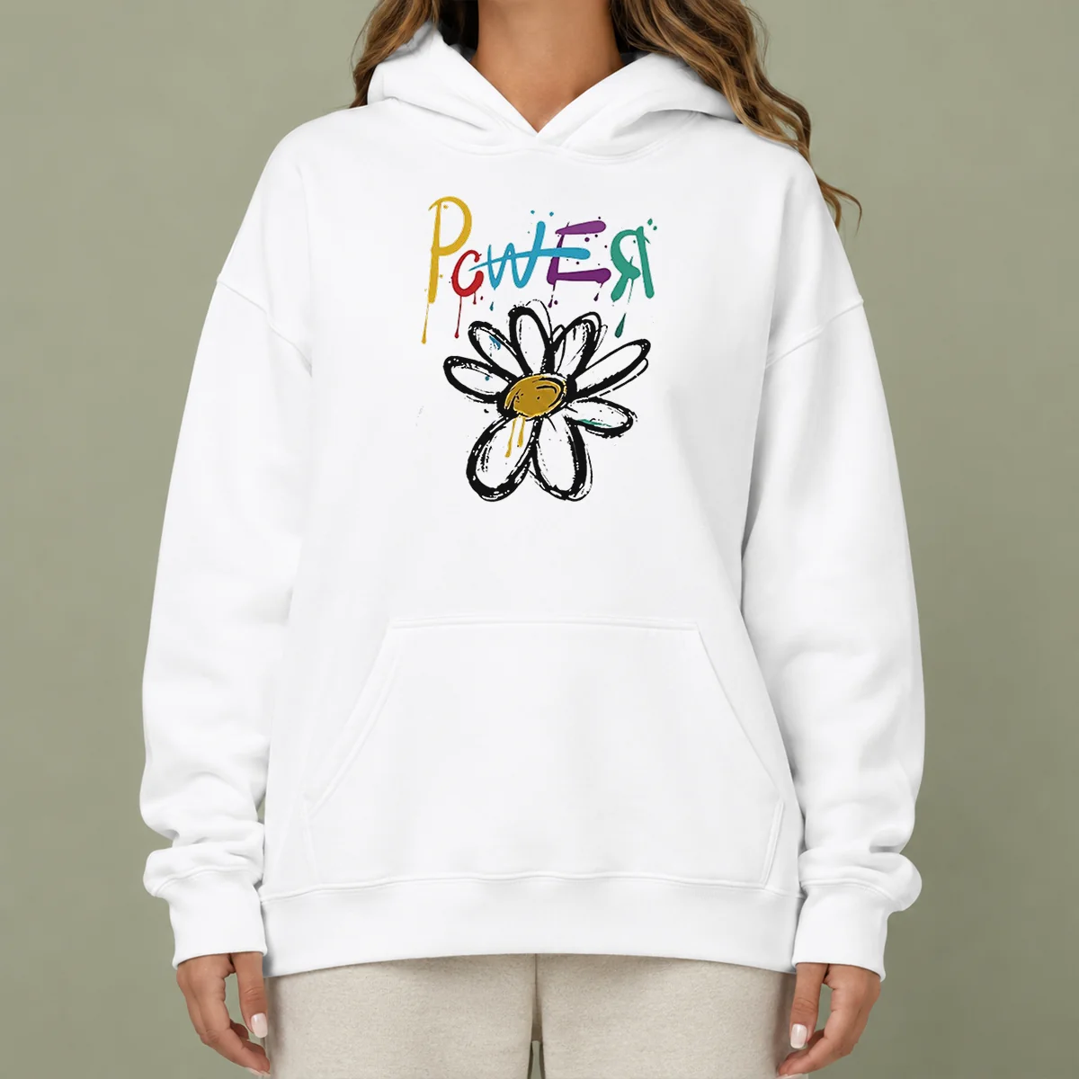 Good Dragon Power World Tour Flower Handraw Hoodie in black with colorful dragon and flower graphic, front view