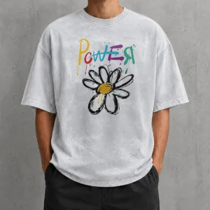 Good Dragon Power World Tour Flower Handraw Washed T Shirt showing front print on soft cotton fabric