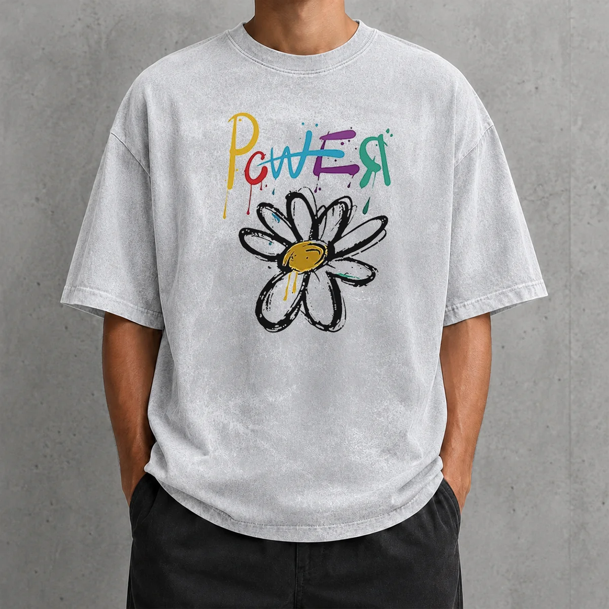 Good Dragon Power World Tour Flower Handraw Washed T Shirt showing front print on soft cotton fabric