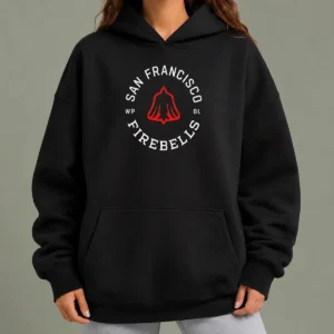 Good San Francisco Firebells WP BL Badge Hoodie in black with front badge logo, cozy long sleeves and adjustable hood