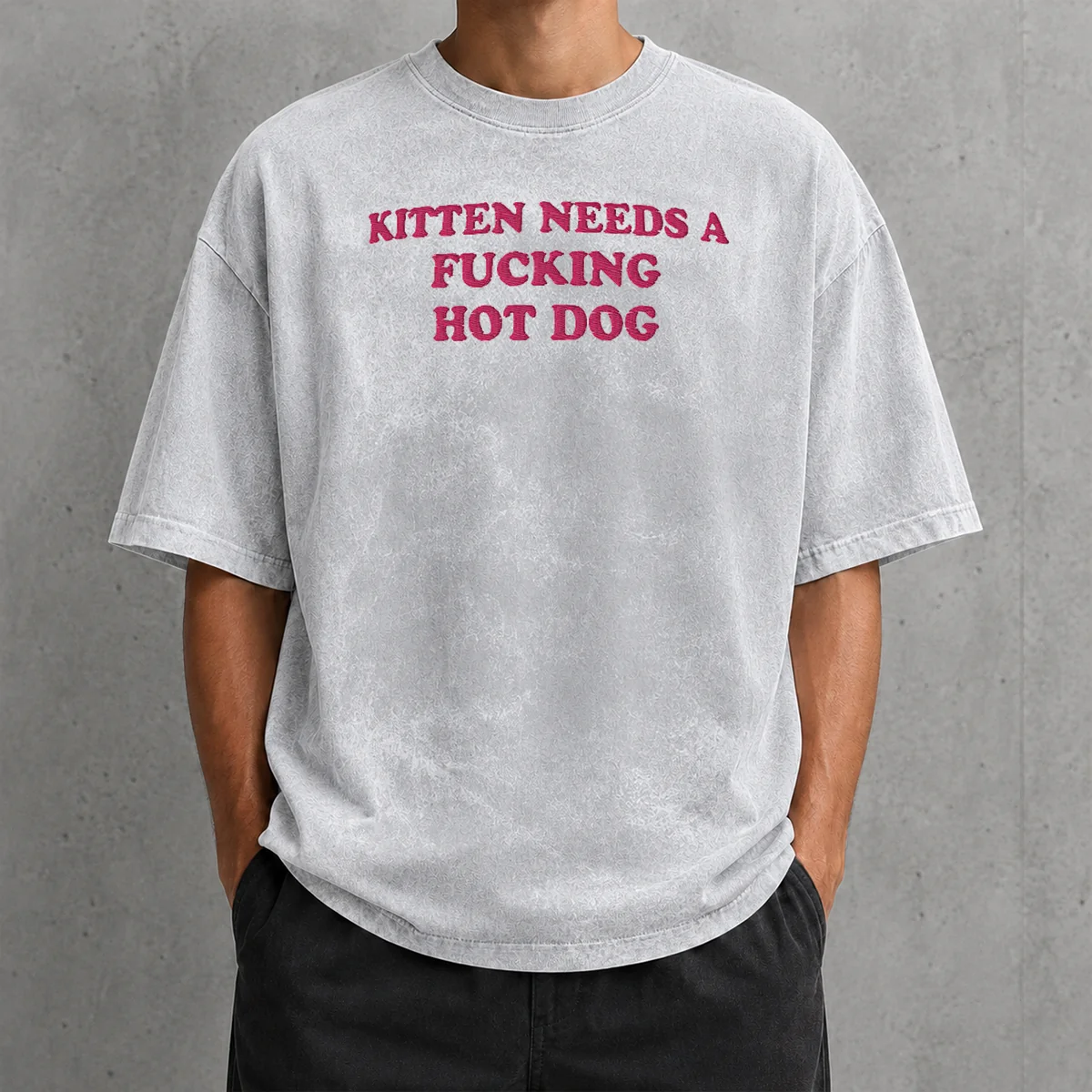 Happy Needs A Fucking Hot Dog Kitten washed t shirt in soft cotton fabric with faded print