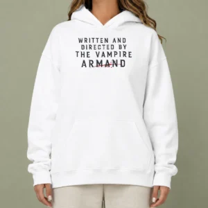 Happy Nice Written And Directed By The Vampire Armand Hoodie in black, featuring front graphic print and adjustable drawstring hood