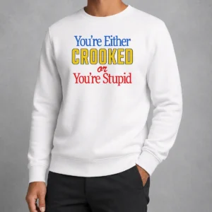 Hot Crooked Or Stupid Sweater in charcoal gray with bold white lettering, crewneck style