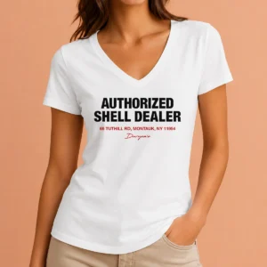 Hot Duryea'S Authorized Shell Dealer Sign 66 Tuthill Road Montauk New York V Neck Shirt in navy blue, front view