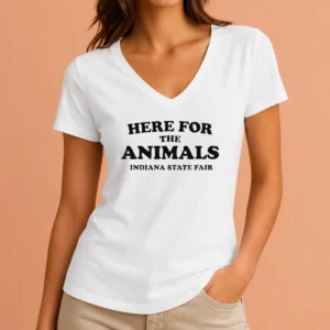 Hot Here For The Animals Indiana State Fair V Neck Shirt in black with animal-themed graphic design