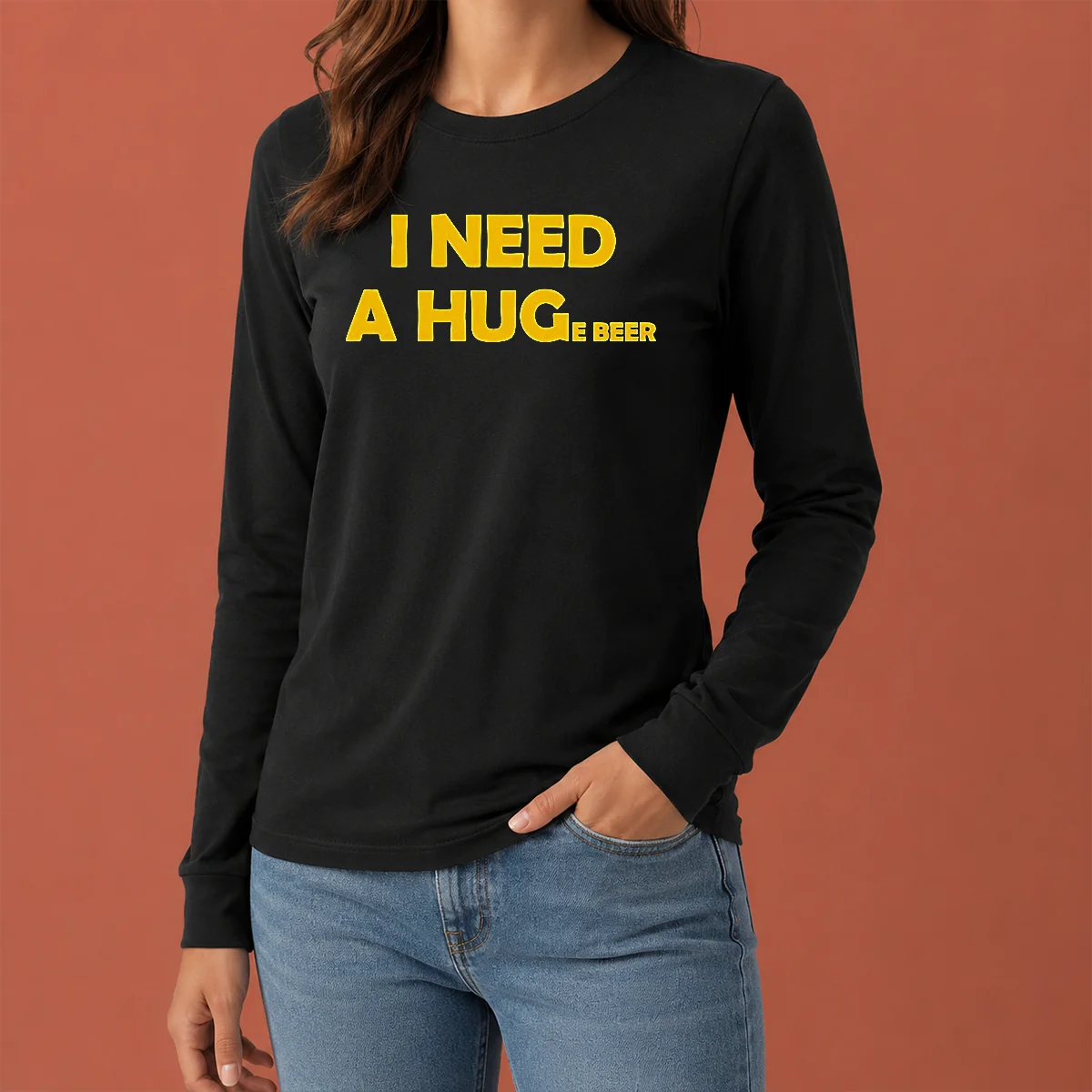 Hot I Need A Huge Beer Funny Drinking Alcohol Humor long sleeve shirt in white with bold text design