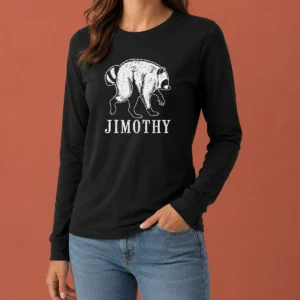 Hot Jimothy Viral Raccoon Meme Long Sleeve Shirt featuring a viral raccoon meme graphic on a comfortable long sleeve garment