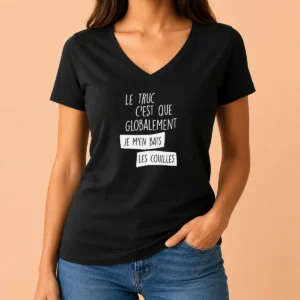 Hot Le Truc C'Est Que Globalement Je M'En Bats Les Couilles V Neck shirt in black, front view with short sleeves