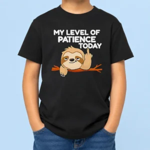 Hot Sloth Middle Finger My Level Of Patience Today Cartoon kids t shirt featuring a playful sloth graphic