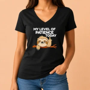 Hot Sloth Middle Finger My Level Of Patience Today Cartoon V-Neck Shirt