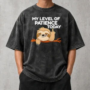 Hot Sloth Middle Finger My Level Of Patience Today Cartoon printed on a soft washed t shirt in muted tones
