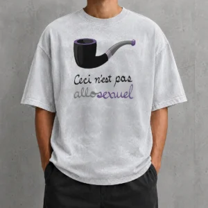 Hot Top Asexual Pride Rene Magritte Ceci N Est Pas Allosexuel graphic on a soft washed t shirt in neutral tones