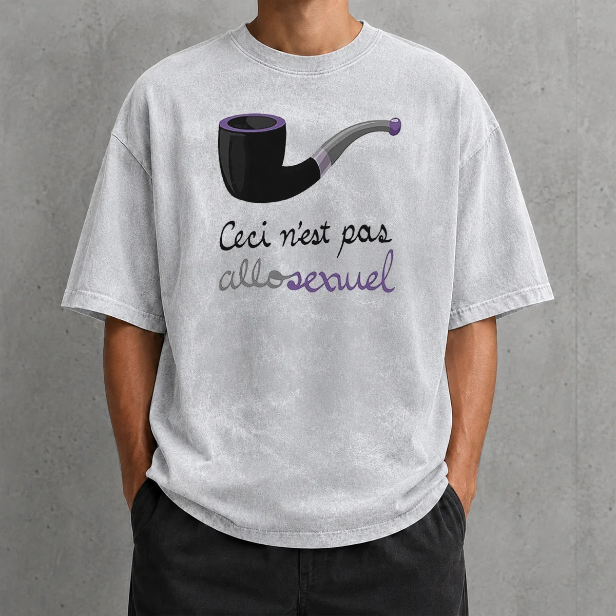 Hot Top Asexual Pride Rene Magritte Ceci N Est Pas Allosexuel graphic on a soft washed t shirt in neutral tones