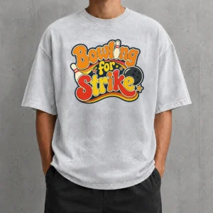 Hot Top Bowling For Strike Groovy Retro Washed T Shirt showing vintage bowling graphic on soft washed fabric