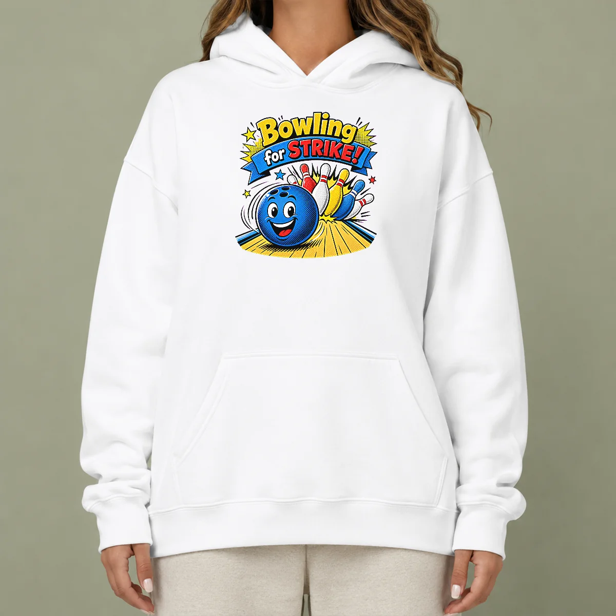 Nice Hot Bowling For Strike Cheerful Pop Art Hoodie in vibrant colors with front pocket and drawstring hood