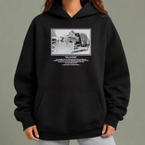 Nice Official Marvin Heemeyer Killdozer Komatsu D355A Granby Colorado 2004 Muffler Hoodie in charcoal gray with front pouch pocket