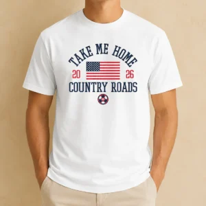 Nice USA Take Me Home Country Roads 2026 t shirt featuring a classic crew neck and short sleeves in white