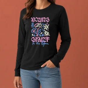 Nice Young The Giant In The Open long sleeve shirt with vibrant graphic print on front, shown in a relaxed fit
