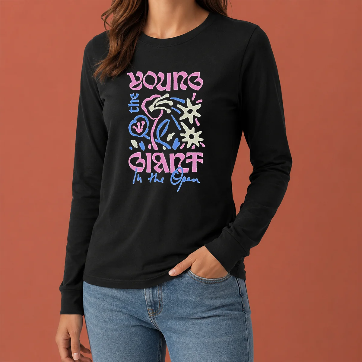 Nice Young The Giant In The Open long sleeve shirt with vibrant graphic print on front, shown in a relaxed fit