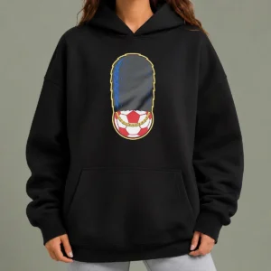 Official Funny London Guard British Soldier Soccer Ball Chain Hoodie in black with front graphic design