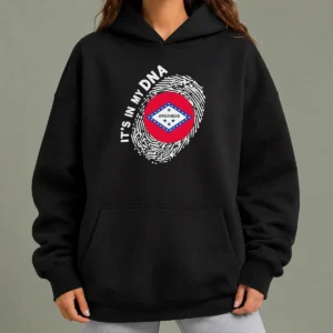 Official Hot It'S In My DNA Arkansas Hoodie in black with front logo print, warm and comfortable pullover
