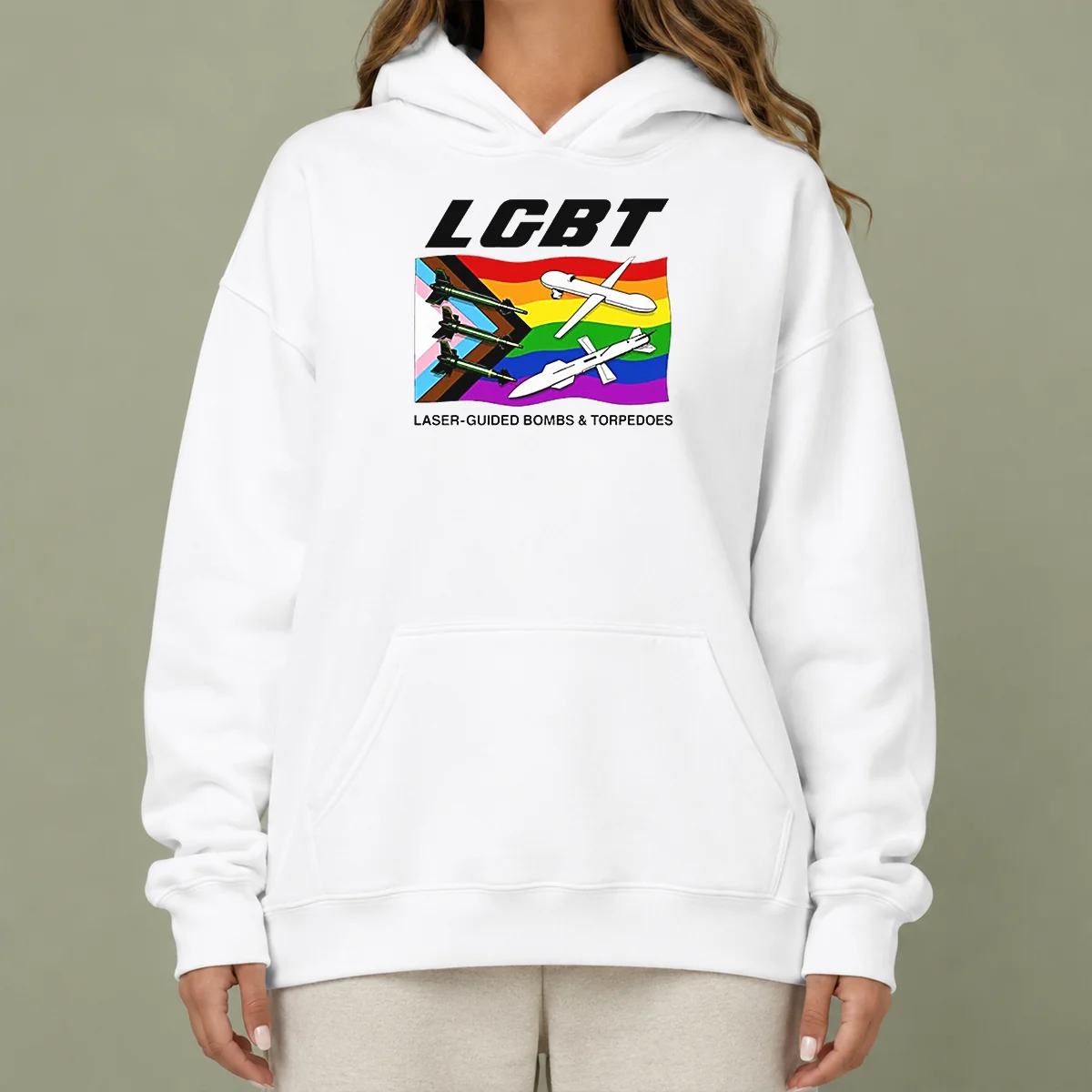 Official LGBT Laser Guided Bombs And Torpedoes Flag Hoodie in black with colorful flag graphic on front