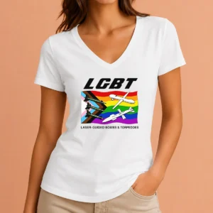 Official LGBT Laser Guided Bombs And Torpedoes Flag V Neck Shirt in vibrant colors on a comfortable cotton fabric