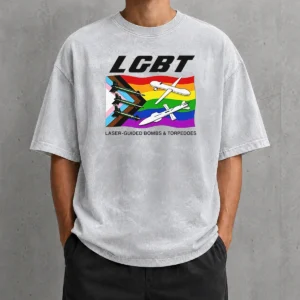 Official LGBT Laser Guided Bombs And Torpedoes Flag washed t shirt front view showing vibrant colors and soft fabric