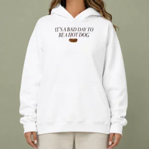 Official Nice It'S A Bad Day To Be A Hot Dog hoodie in charcoal grey with front pocket and printed graphic design
