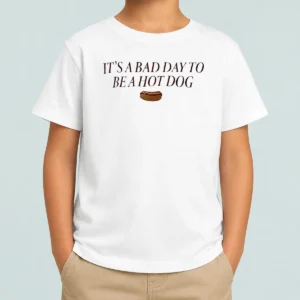 Official Nice It'S A Bad Day To Be A Hot Dog kids t shirt in white, featuring playful text and comfortable fit for children