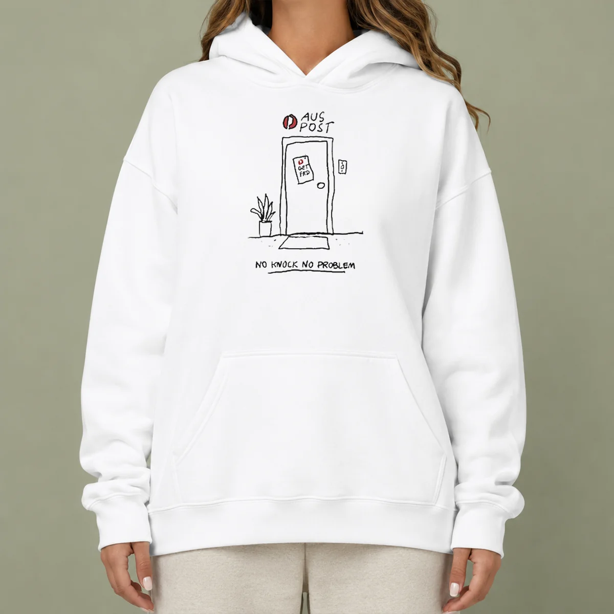 Original Aus Post No Knock No Problem Hoodie in black with front pocket and drawstring hood