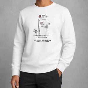 Original Aus Post No Knock No Problem Sweater in classic crewneck style with bold front print